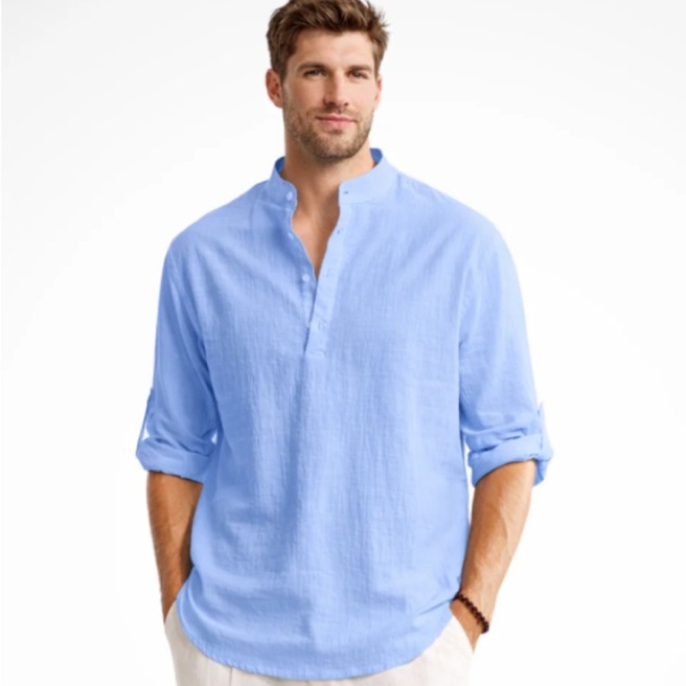 Light Blue Men's XL Linen Long-Sleeve Shirt bought in Greece Vacation Holiday